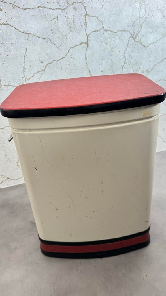 Vintage Brabantia wasmand/ prullenbak - Crème met Rood/Zwart, Ophalen, Gebruikt, Metaal, Overige merken