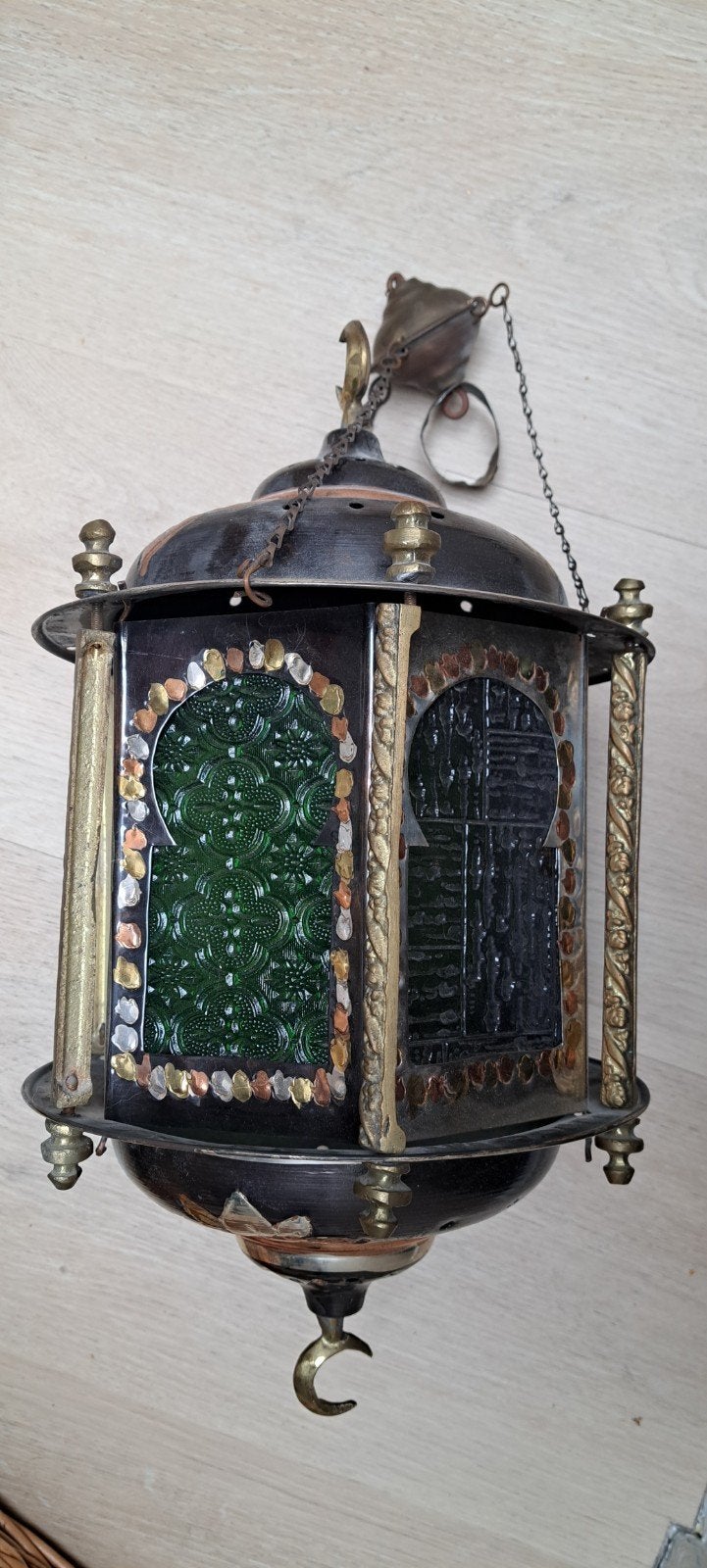 Oosterse hanglamp met gekleurd glas en metaal, Ophalen, Gebruikt, Overige fittingen, Glas