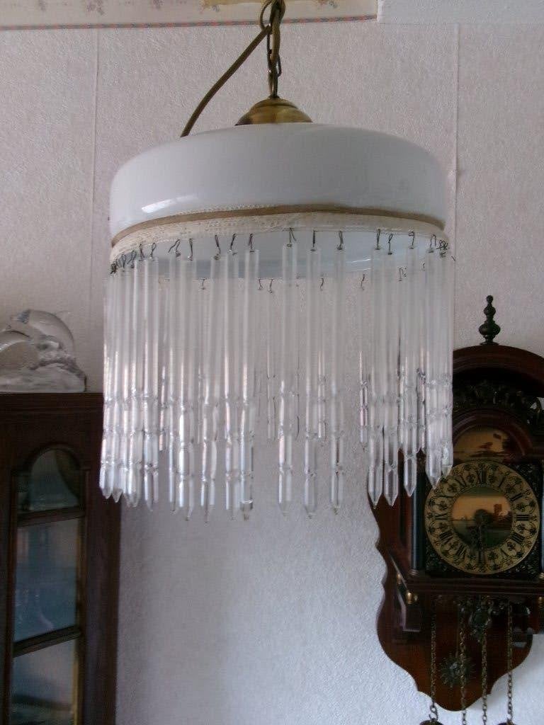 witte opaline hanglamp met lange glazen pegels., Ophalen of Verzenden