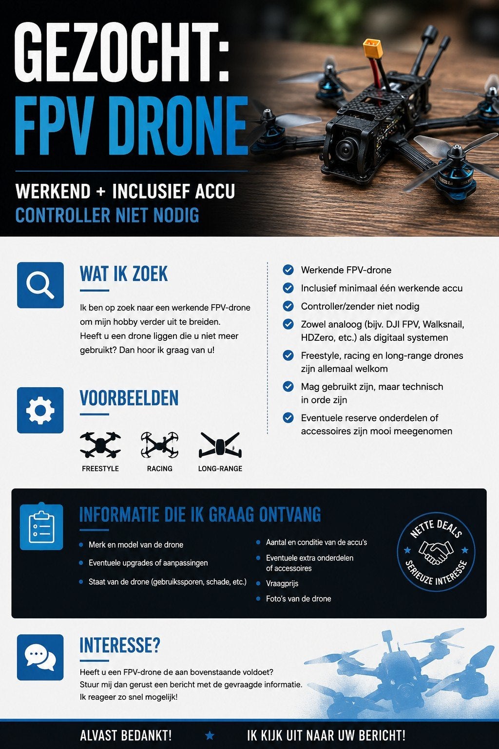 Gezocht: Werkende FPV Drone, Hobby en Vrije tijd, Modelbouw | Radiografisch | Helikopters en Quadcopters, Ophalen of Verzenden