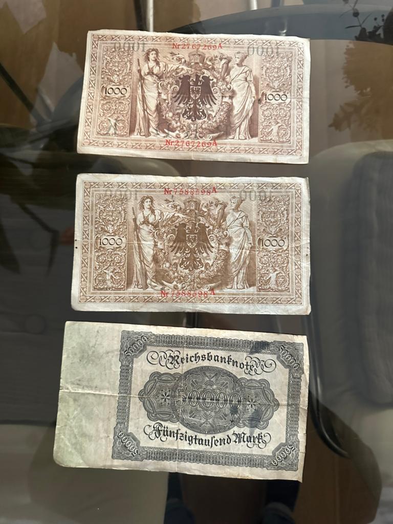Duitse bankbiljetten van 50.000 en 1000,- mark, Postzegels en Munten, Ophalen of Verzenden, Duitsland, 100 euro, Los biljet