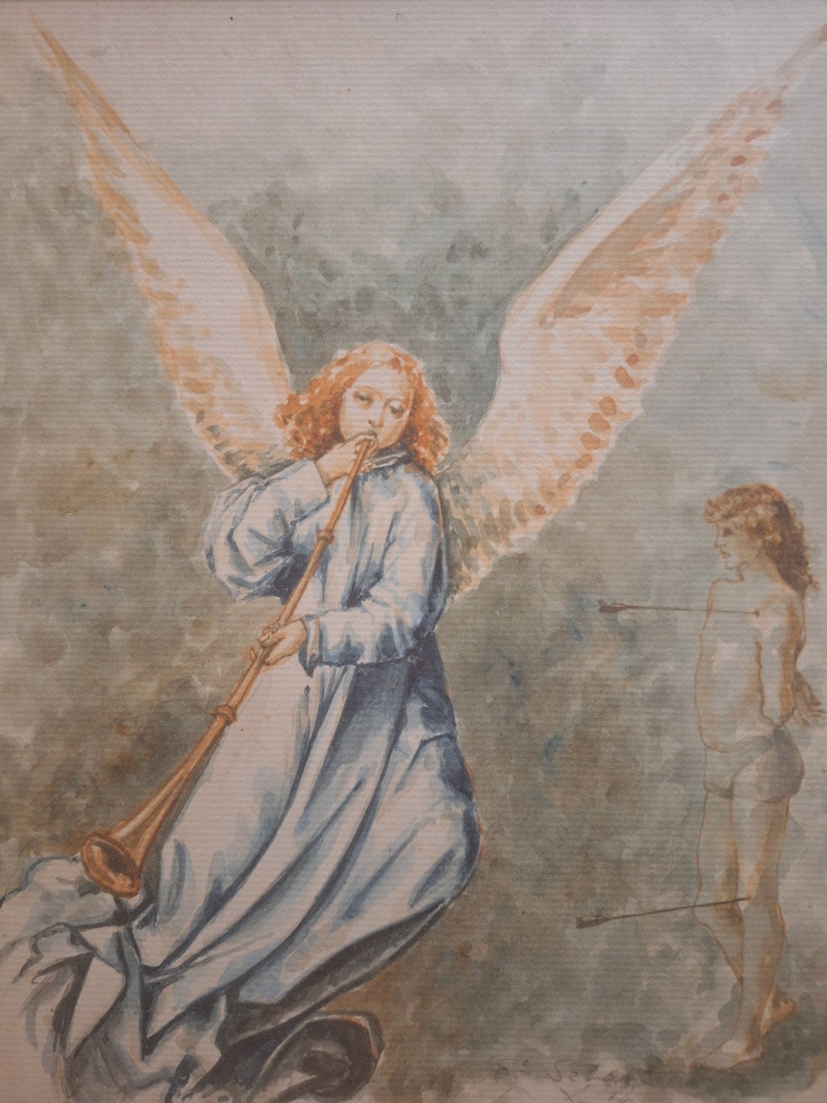 Aquarel engel van Jos Vercammen, Achter glas, Ophalen of Verzenden, Overige onderwerpen, Papier