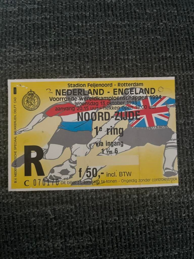 Nederland - Engeland voetbal ticket 13-10-1993, Verzamelen, Sportartikelen en Voetbal, Ophalen of Verzenden, Overige binnenlandse clubs