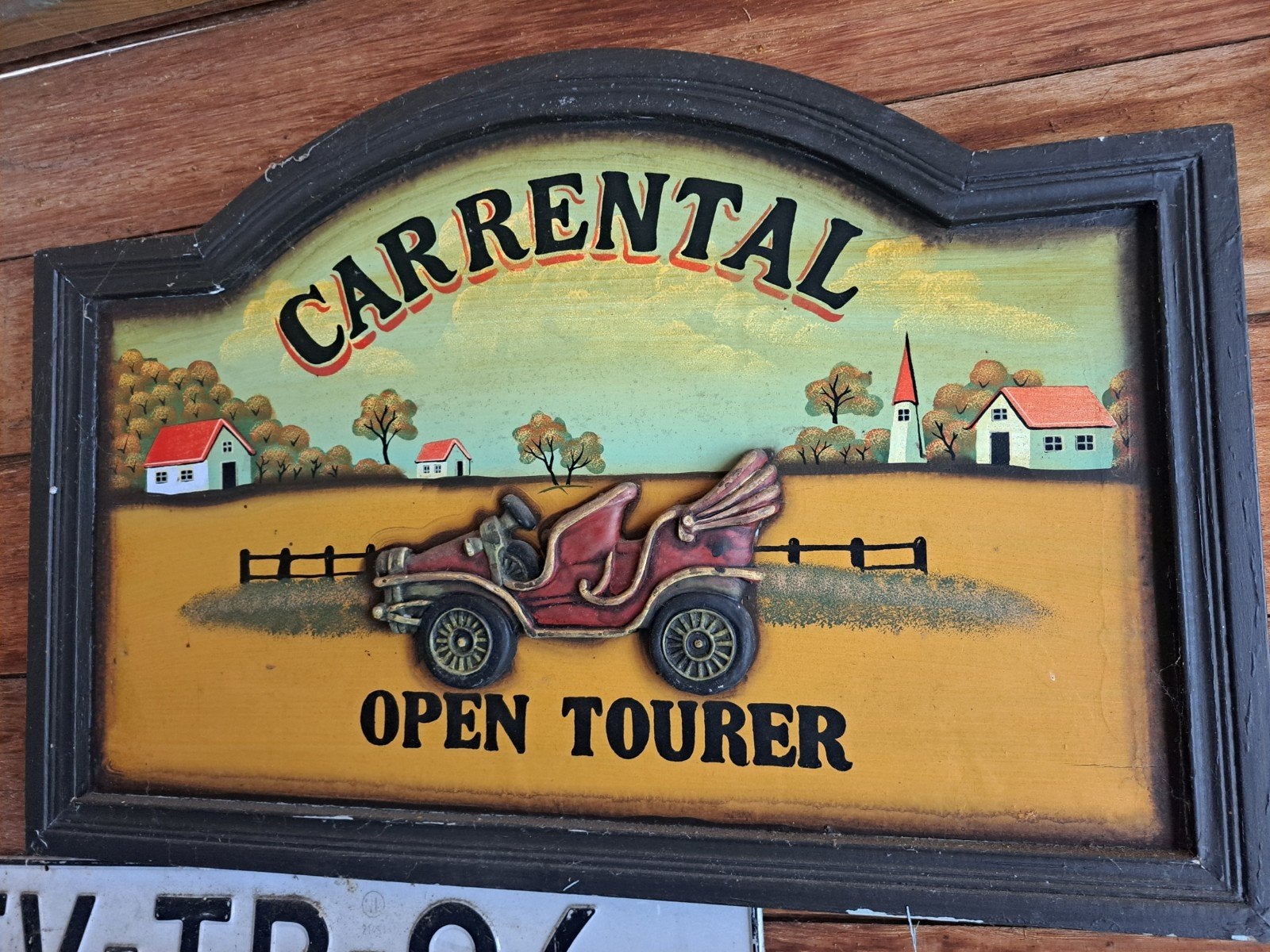 Vintage Houten Car Rental Open Tourer Bord, Ophalen of Verzenden
