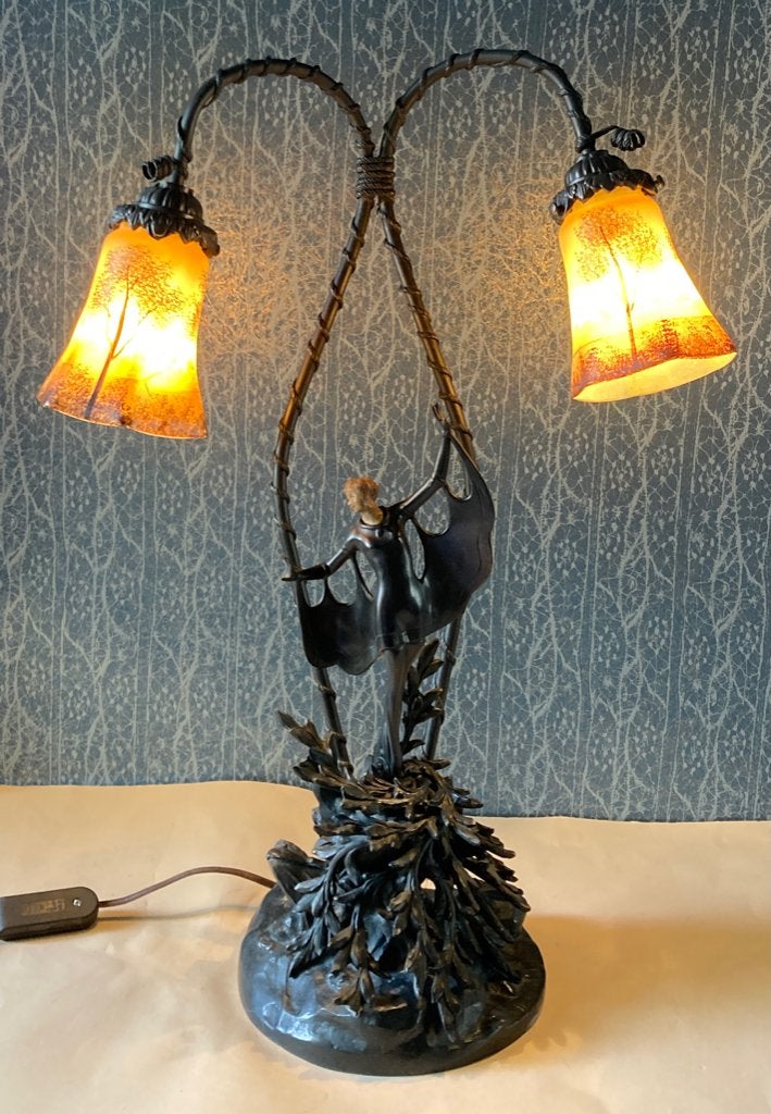 Art Nouveau Bronzen Lamp Dyon (1832-1926) Vleermuis Dame, Ophalen of Verzenden