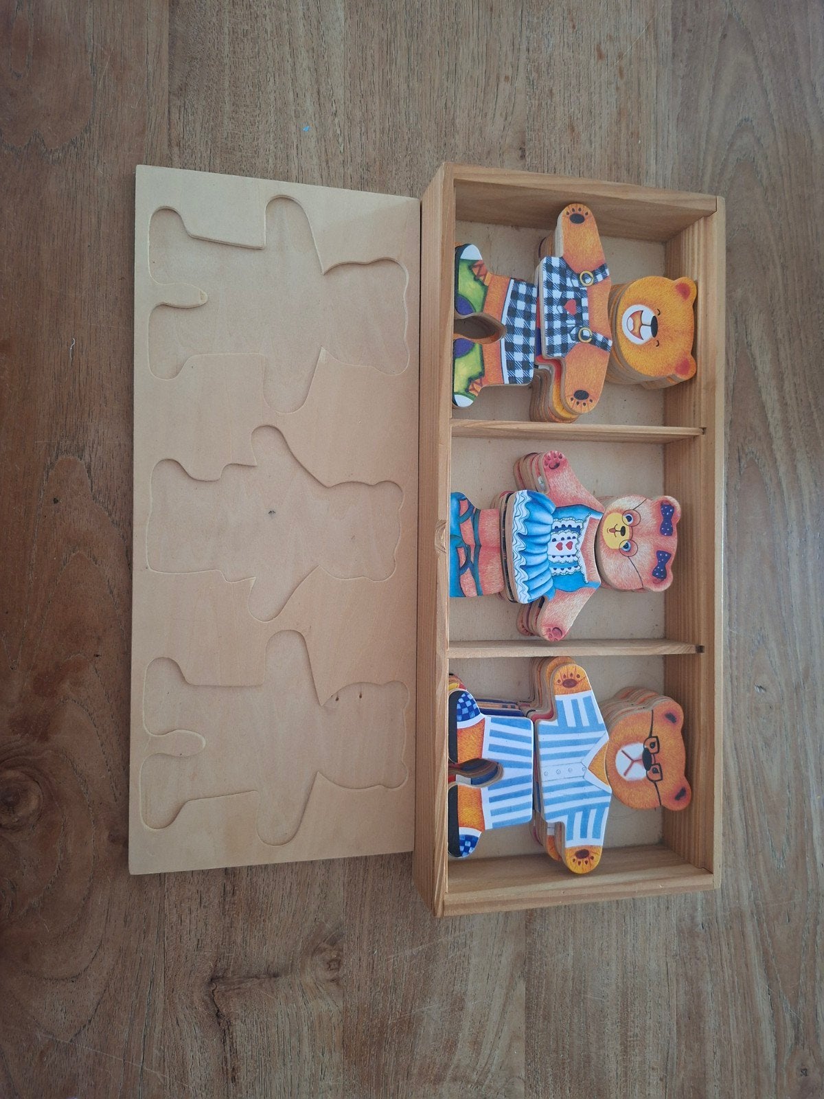 Houten Berenfamilie Aankleedpuzzel in Kistje, Ophalen of Verzenden, Gebruikt