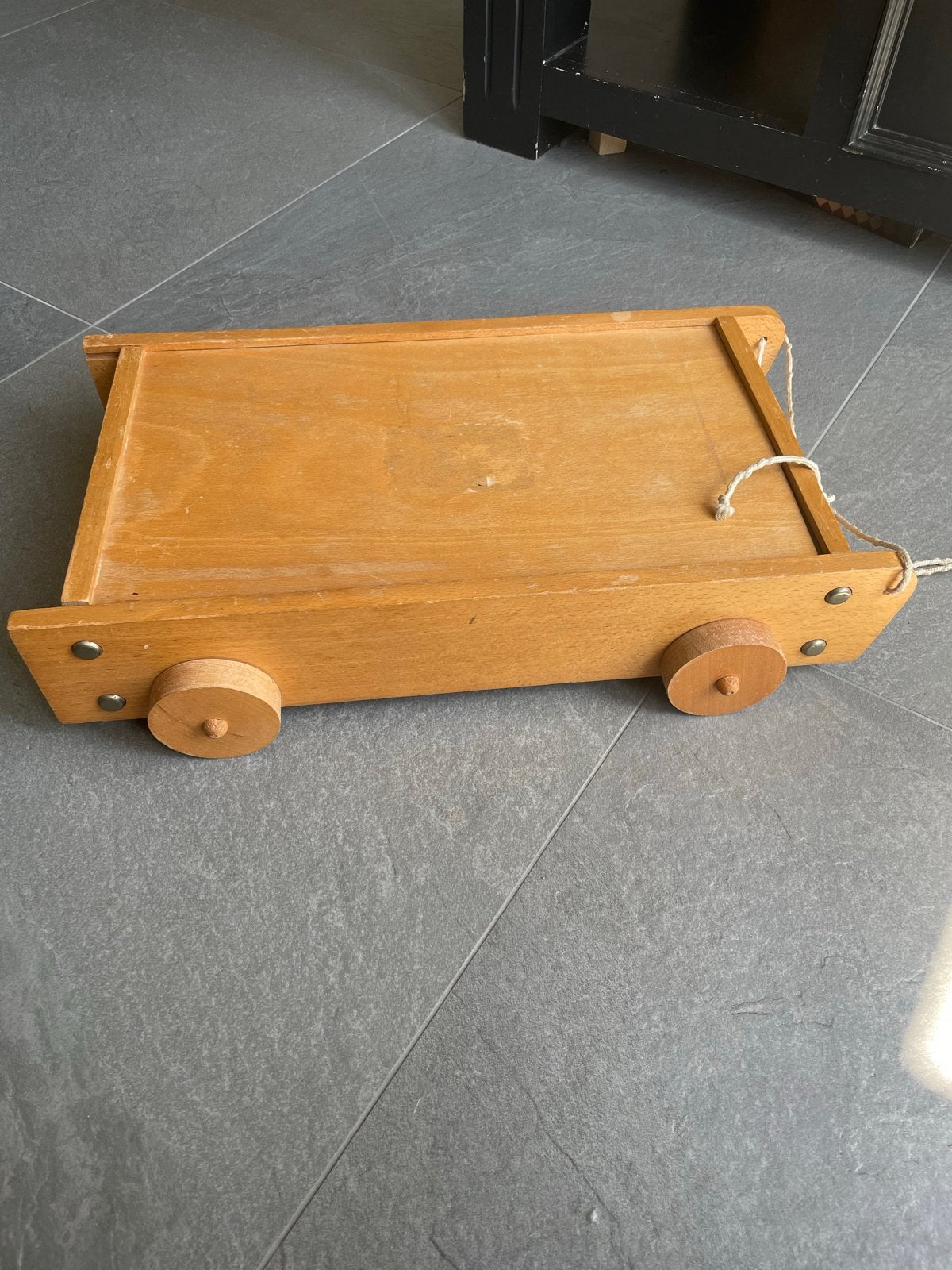 Vintage grote houten blokkenkar met  beukenhouten blokken, Ophalen of Verzenden, Gebruikt, Duw- of Trekspeelgoed
