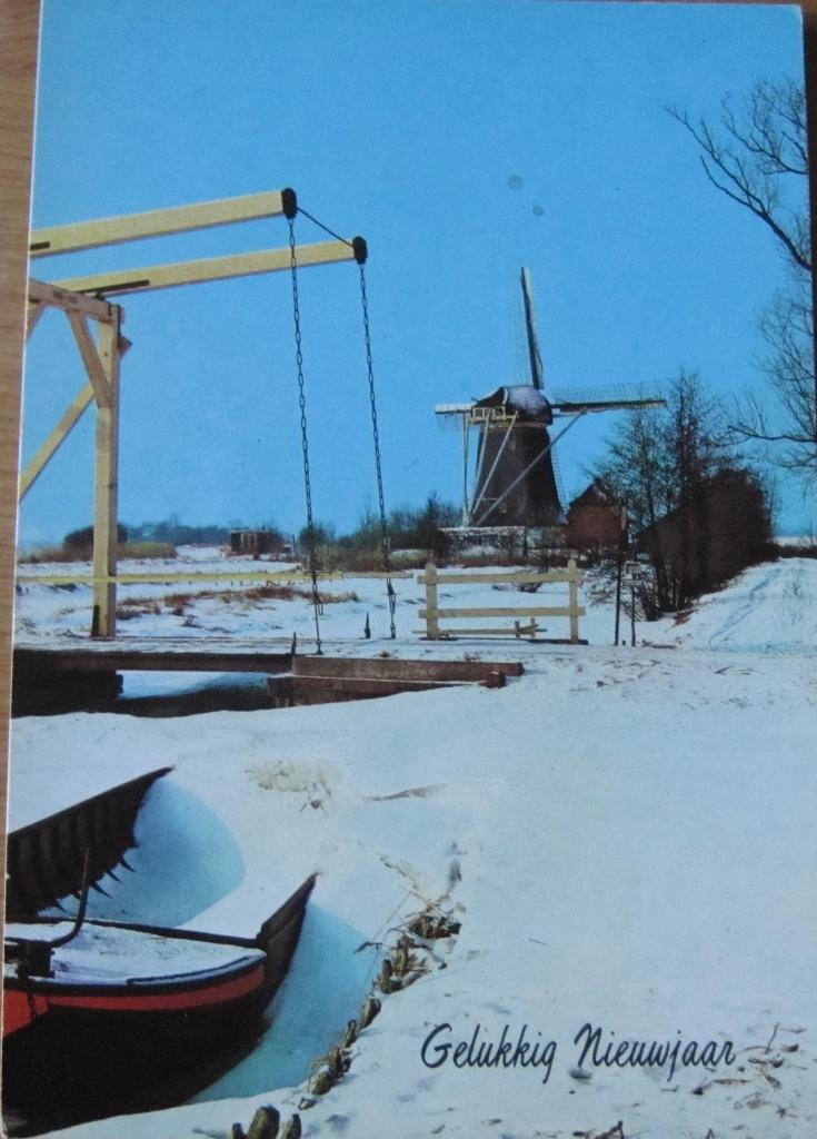 Gelukkig nieuwjaar drie keer molen langs dichtgevroren sloot, Verzenden, 1960 tot 1980, Ongelopen, Seizoenen