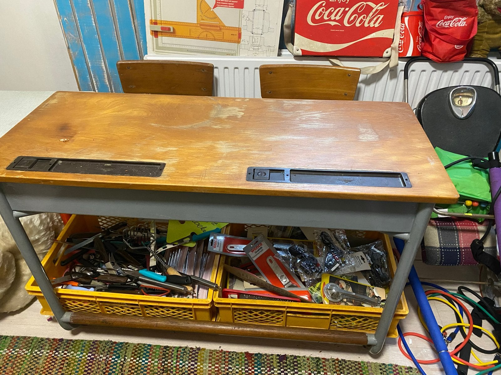 Vintage schoolbank met stoelen - Retro bureau, Ophalen
