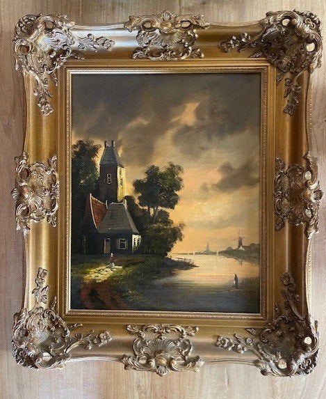 Olieverfschilderij  met landschap / toren, Ophalen, Doek, Bijzondere lijst, Landschap