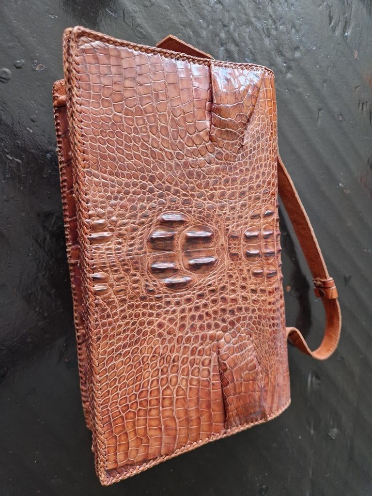 Vintage Krokodillen Leren Handtas - Bruin, Ophalen of Verzenden, Gebruikt, Bruin, Handtas