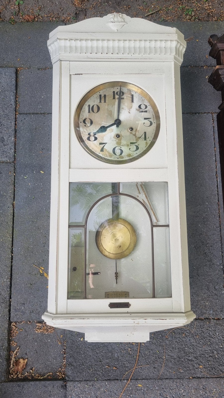 Antieke wandklok met slinger - Wit, Antiek en Kunst, Ophalen of Verzenden