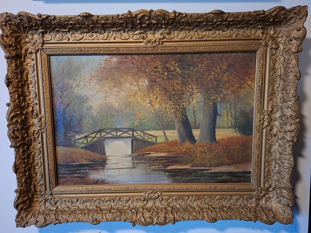Olieverfschilderij- Herfstlandschap met brug - Petri lijst, Antiek en Kunst, Kunst | Schilderijen | Klassiek, Ophalen