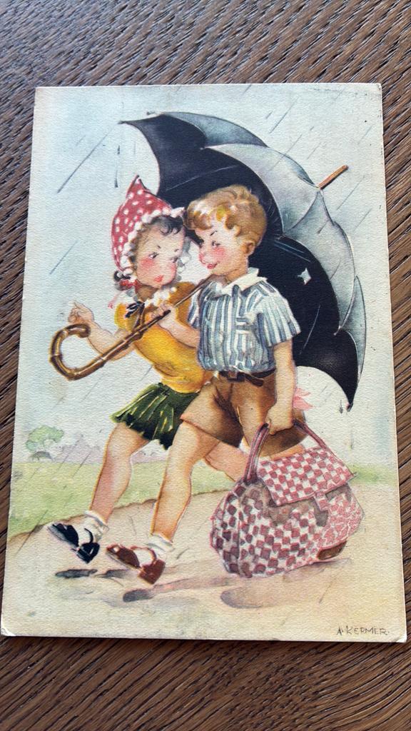 A.KERMER. Kinderen onder paraplu., Ophalen of Verzenden, Gelopen, Kinderen