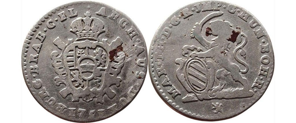 Dubbele schelling 1751, Brugge, Maria Theresia, Postzegels en Munten, Ophalen of Verzenden, België, Losse munt, Zilver