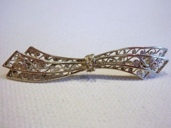 Prachtige antieke filigrain zilveren strik broche (7375-3891, Ophalen, Zilver, Broche