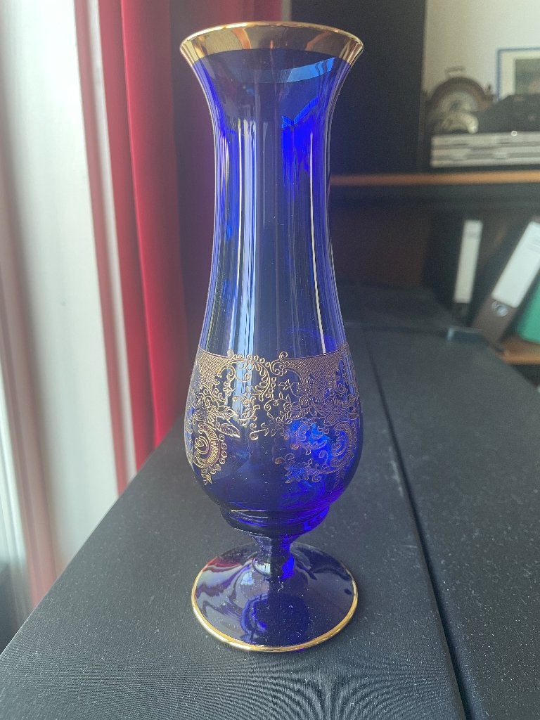 Prachtige vintage cobalt blauwe vaas met goud, Ophalen of Verzenden