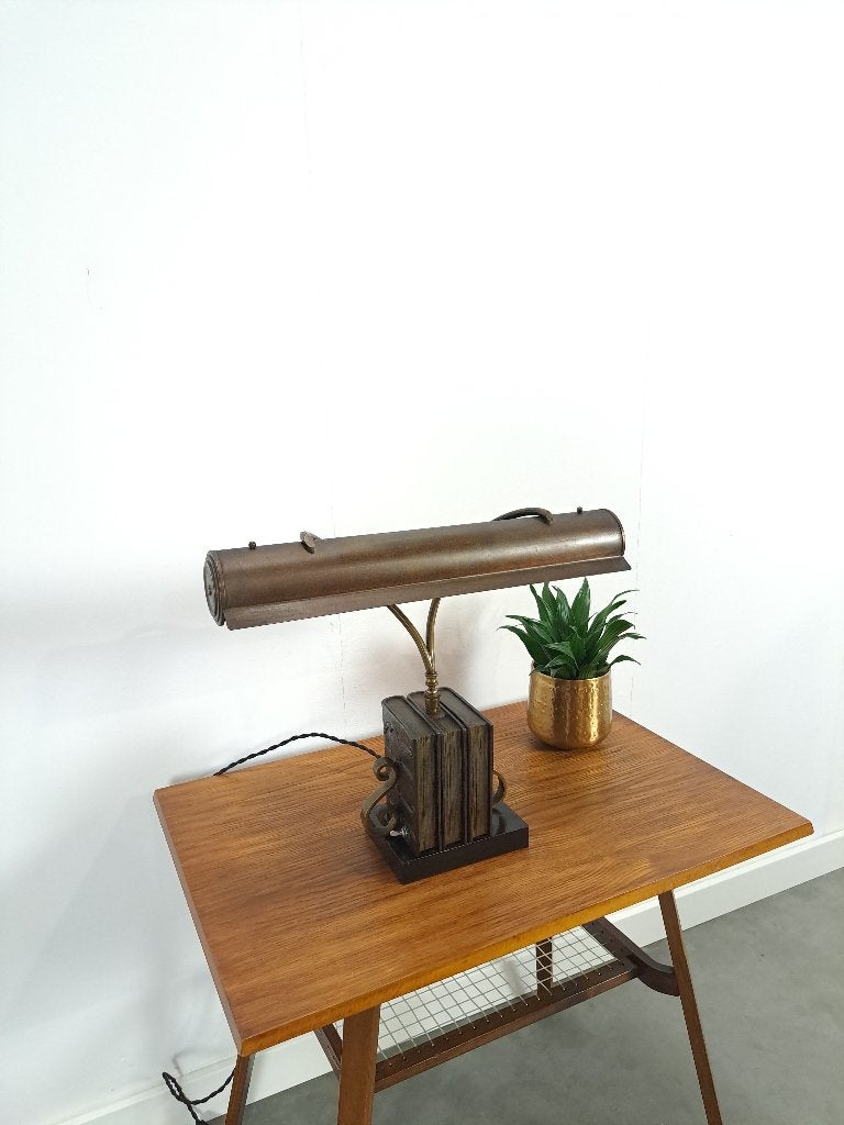 Bronzen bureau bankierslamp, Gebruikt, Art deco, Met schakelaar, E14 (klein)