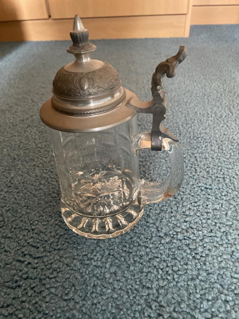 Antieke Glazen Bierpul met Tin Deksel - Kristal met Tim, Ophalen of Verzenden