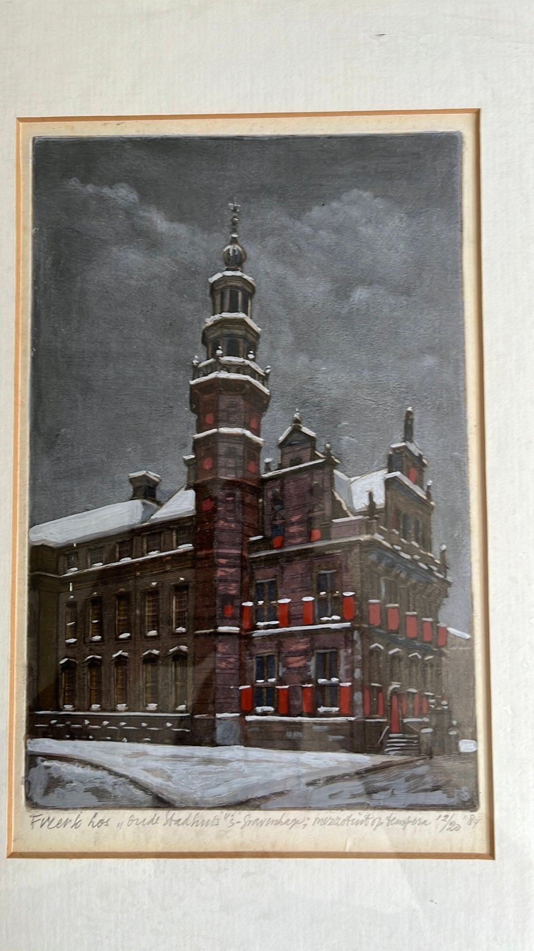 Freerk Los oude stadhuis “s Gravenhage” mez. Op temp ‘84, Ophalen, Stadsgezicht, Gesigneerd, 1950 - 1999