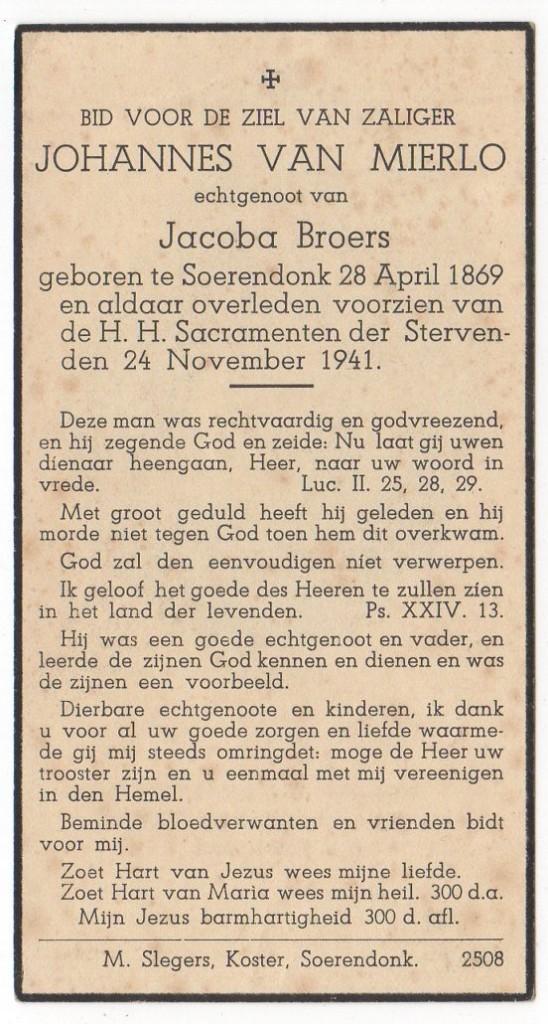 Johannes van Mierlo 1869 Soerendonk + 1941 Soerendonk, 72 jr, Verzamelen, Verzenden