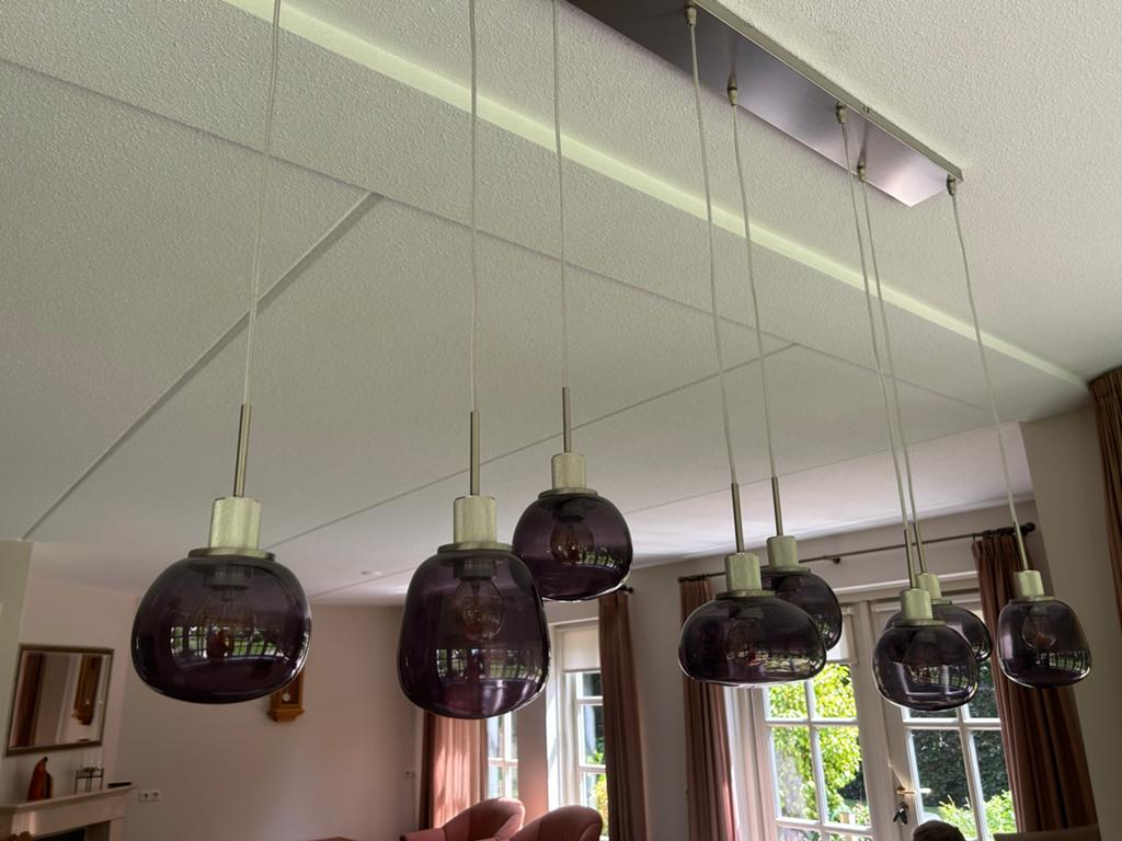 Moderne hanglamp met 8 glazen bollen, Ophalen, Zo goed als nieuw, Glas, 75 cm of meer
