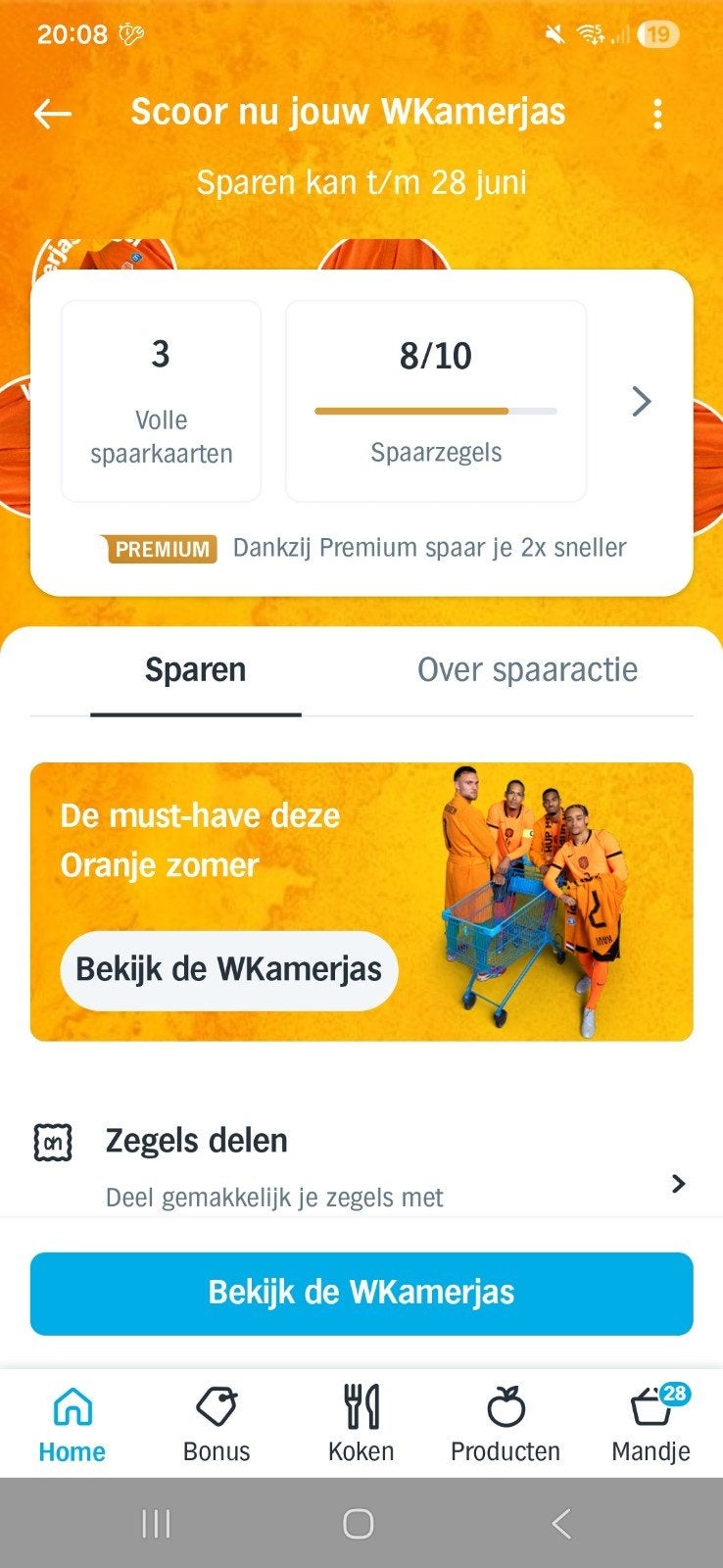 3 volle spaarkaarten en 8 losse zegels WKamerjas AH, Albert Heijn, Ophalen