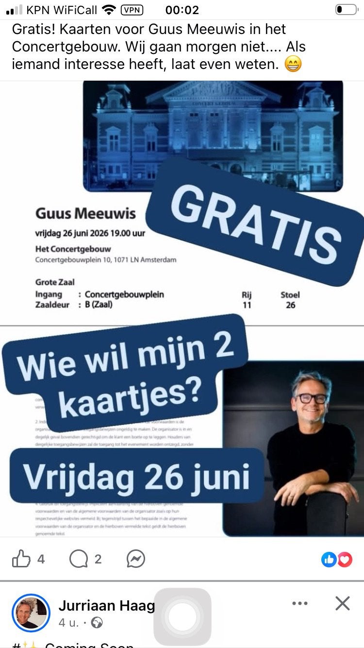 Concert Guus Meeuwis 26/6, Tickets en Kaartjes, Twee personen, Juli