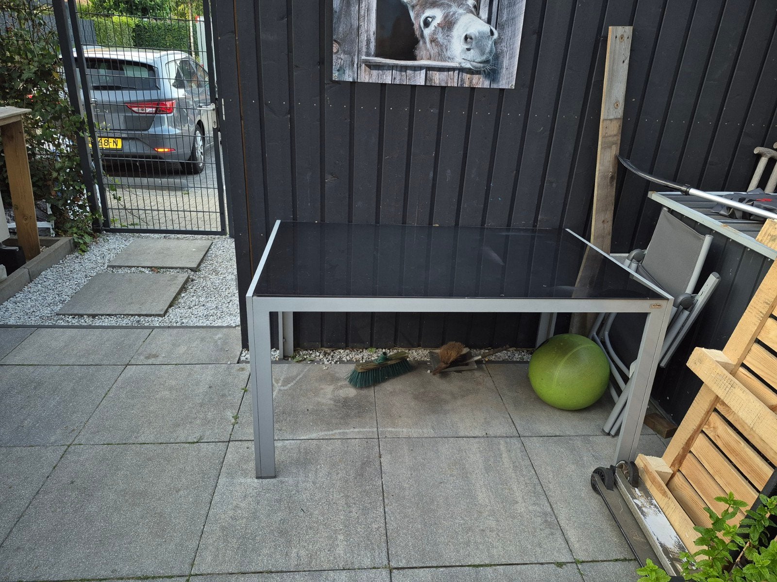 Florabest aluminium buitentafel met glazen blad, Tuin en Terras, Tuintafels, Ophalen of Verzenden, Gebruikt, Rechthoekig, Aluminium