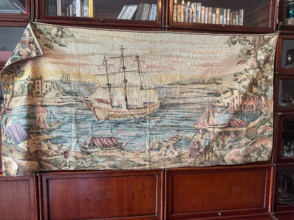 Zeer grote Antieke Gobelin Nautisch Haven Driemaster VOC, Antiek en Kunst, Ophalen of Verzenden