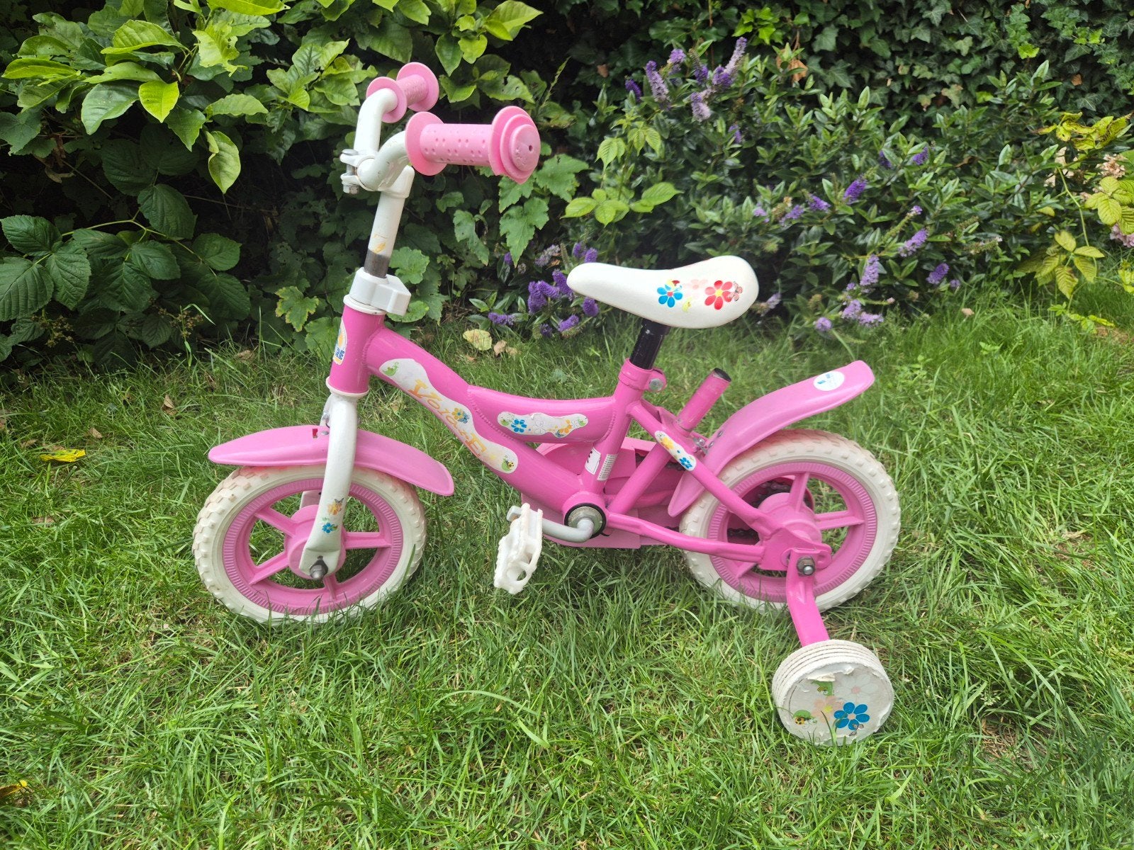 Roze kinderfiets met duwstang en zijwieltjes, Ophalen, Gebruikt, Minder dan 16 inch, Zijwieltjes
