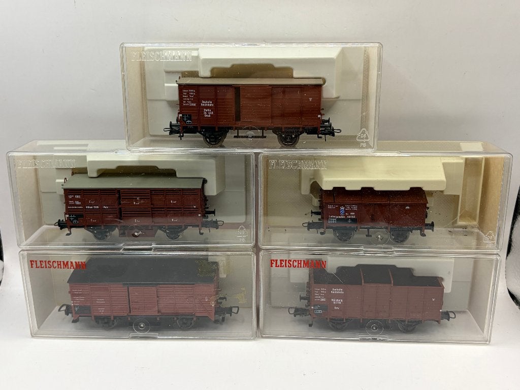 Fleischmann H0 goederenwagons 5203, 5353, 5355, 5360, 5864., Treinset, Gelijkstroom, Fleischmann, Nieuw