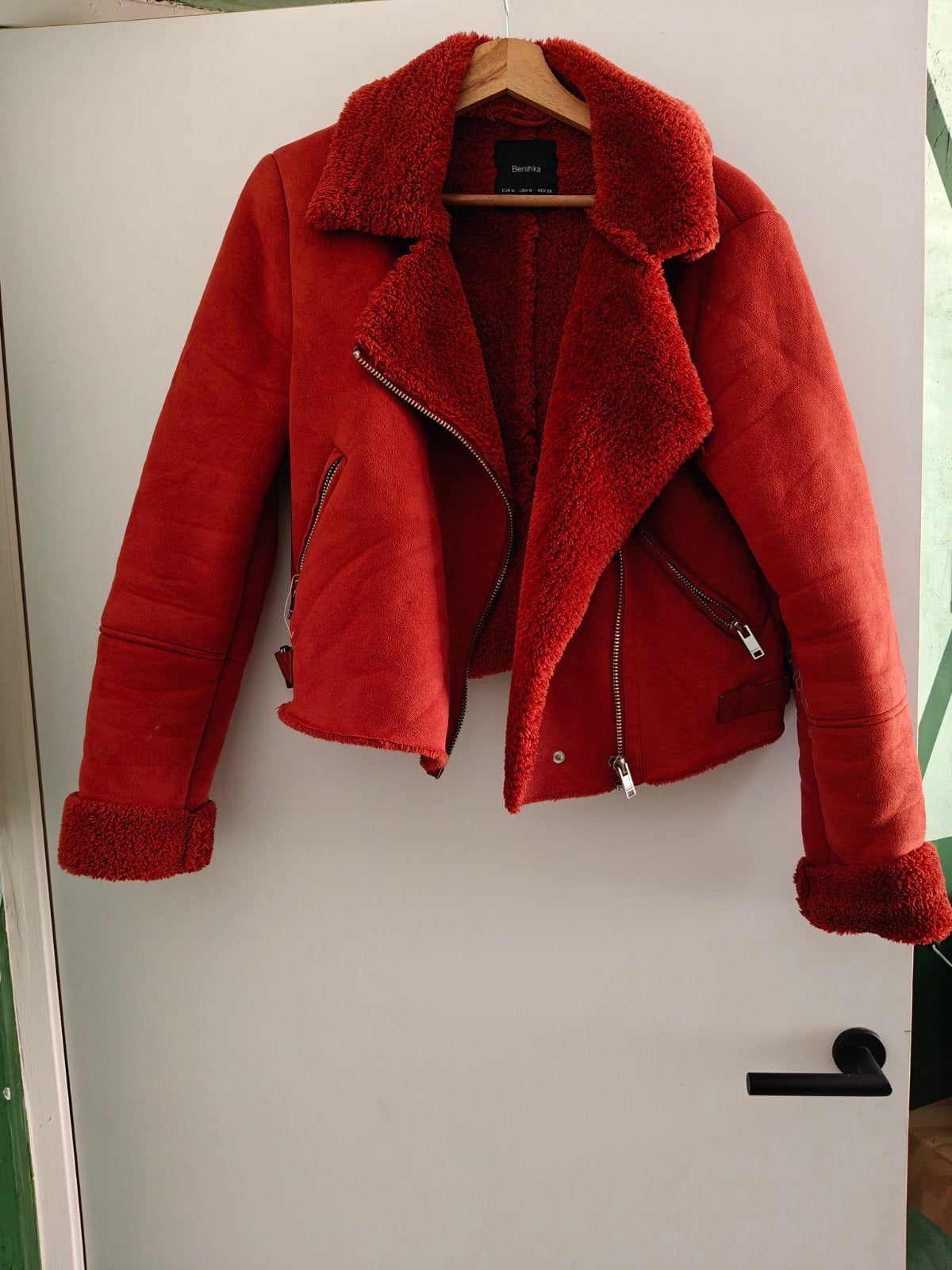 Bershka rode suède look bikerjack met teddy voering, Ophalen of Verzenden