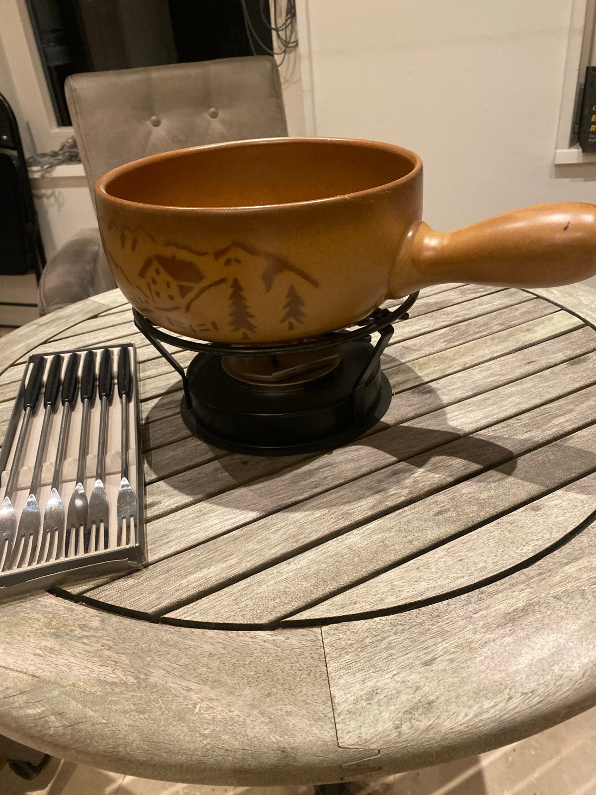 Vintage Fonduepan met Brander en Vorkjes - Solingen, Ophalen of Verzenden, Gebruikt, Brander, Fondueset