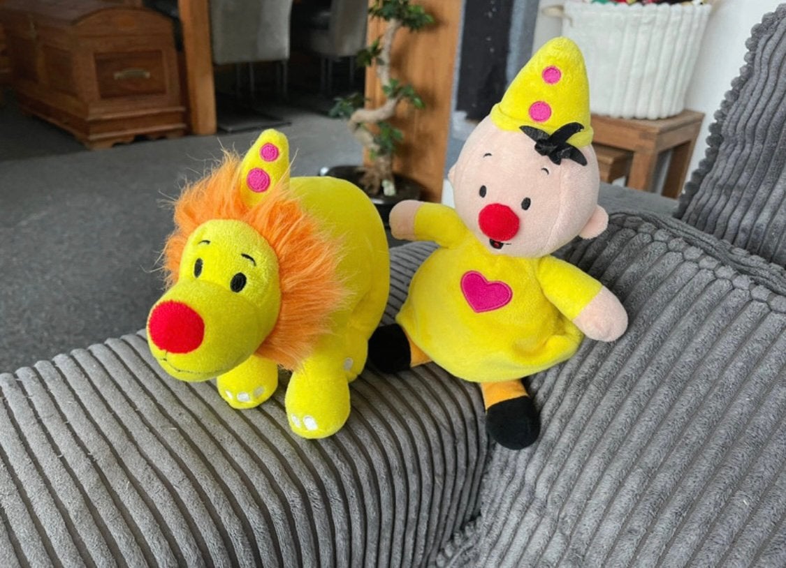2 gele pluche van Clown Bumba met leeuw knuffel, Kinderen en Baby's, Ophalen of Verzenden, Middelgroot (20 tot 80 cm), Leeuw, Geel