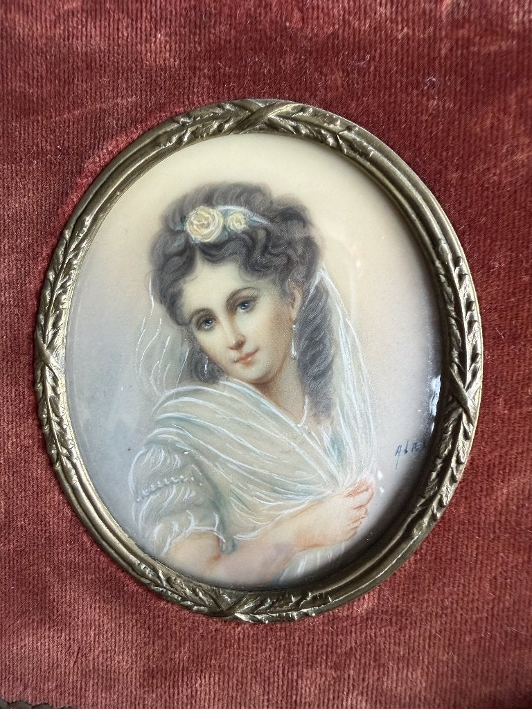 Kwaliteits miniatuurportret in lijst - 19e eeuws, gesigneerd, Antiek en Kunst, Ophalen, Bijzondere lijst, Portret of Personen