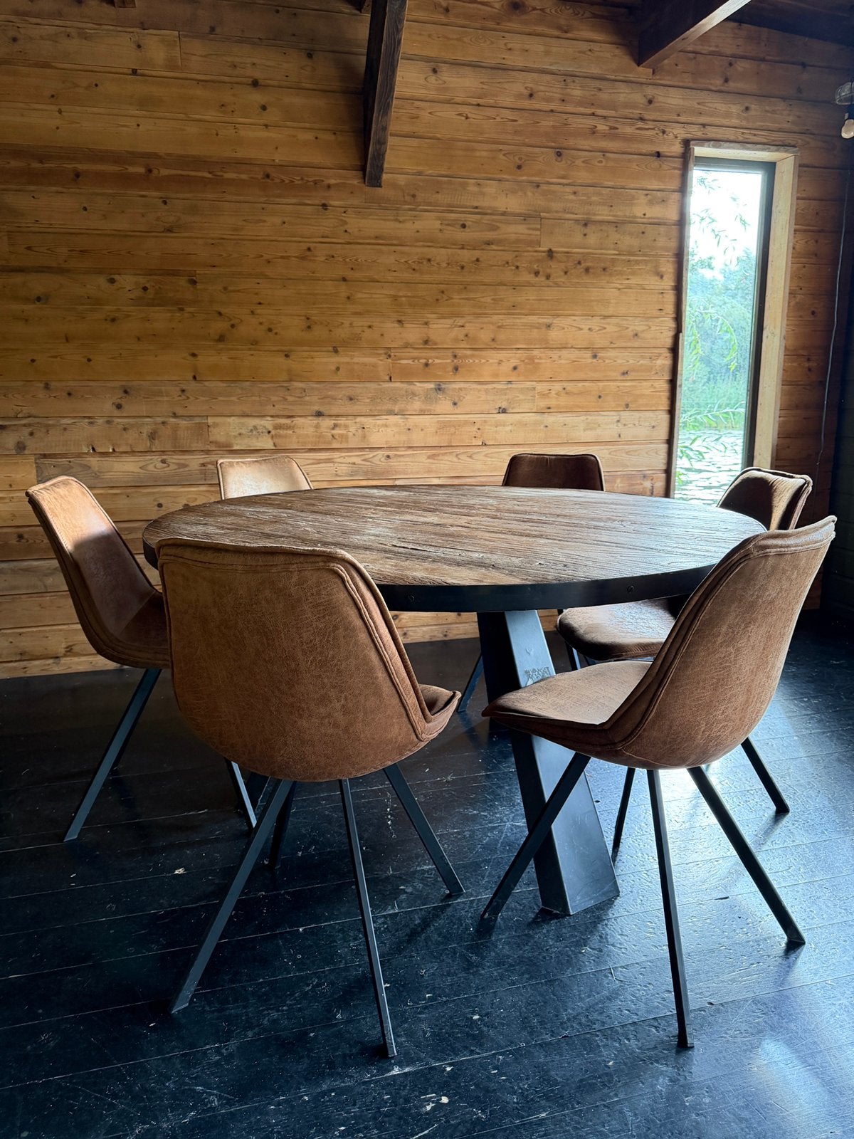 Stoere ronde eettafel + 6 stoelen – complete set, Ophalen, 100 tot 150 cm, Rond, Zo goed als nieuw