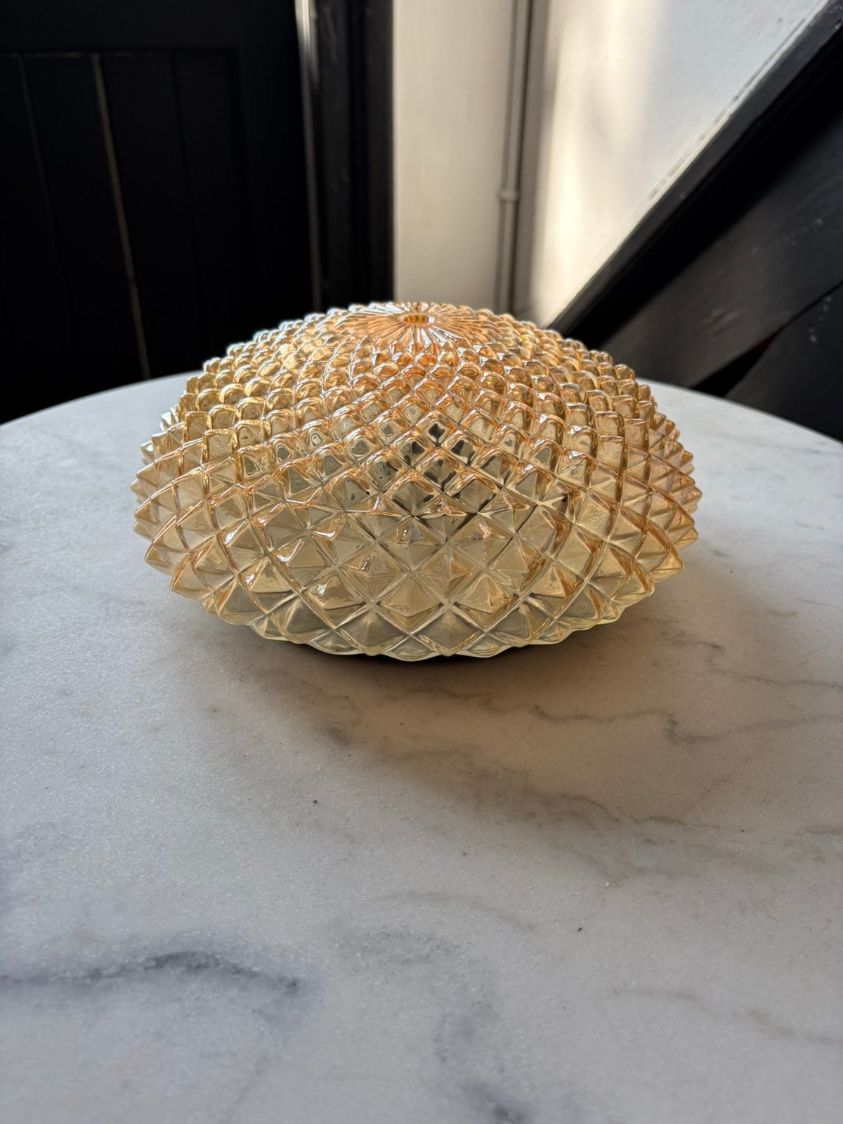 Vintage ronde plafoniere diamant driehoek bloem glazen lamp, Ophalen of Verzenden, Zo goed als nieuw, Glas