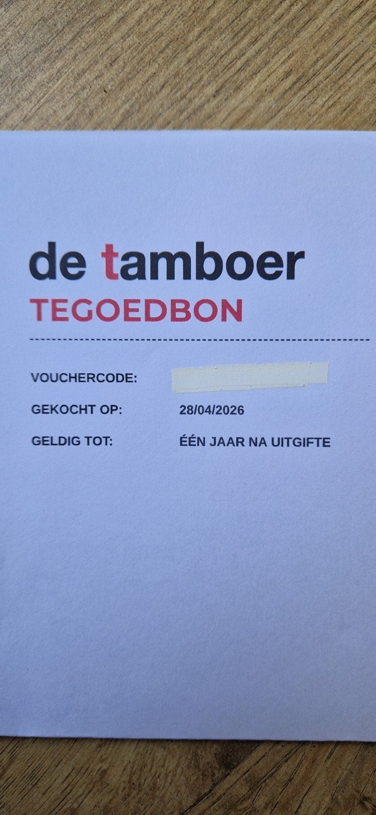 Tegoedbon t.w.v. €35,- theater de Tamboer, Eén persoon