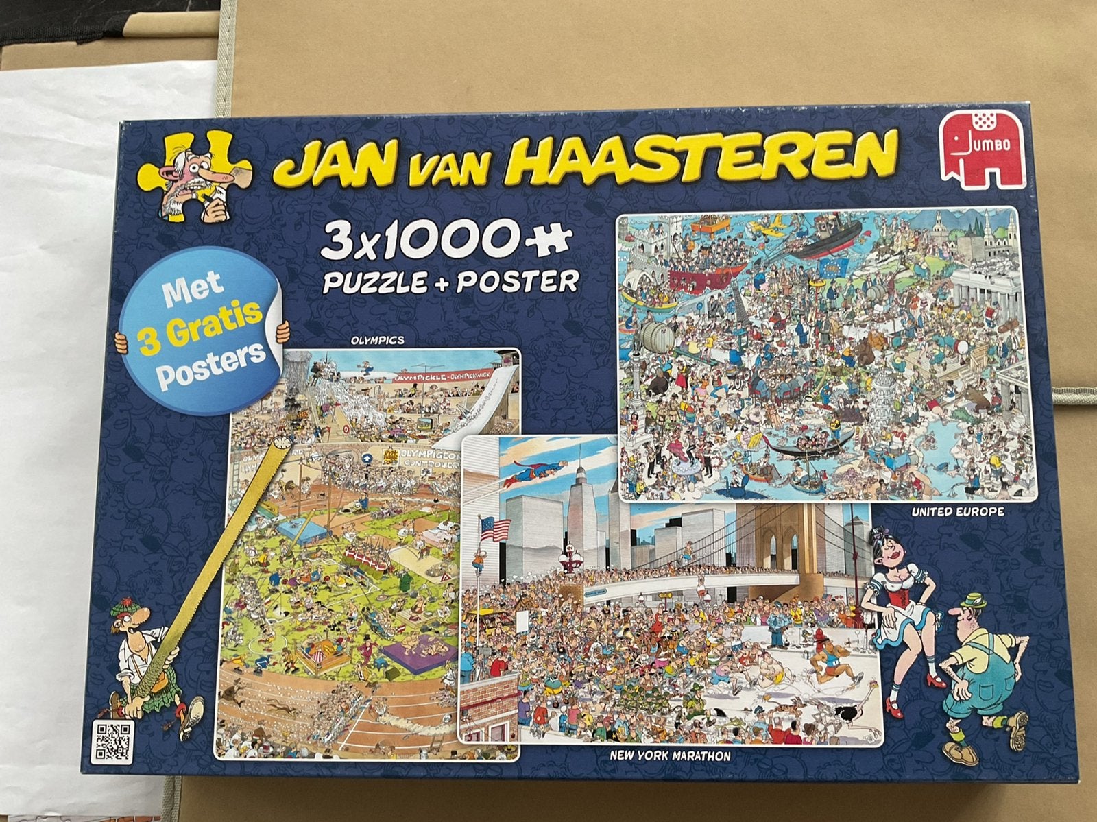 Triobox JvHaasteren puzzel 1000 OLYMPICS-EUROPA-NY MARATHON, Ophalen of Verzenden, Zo goed als nieuw