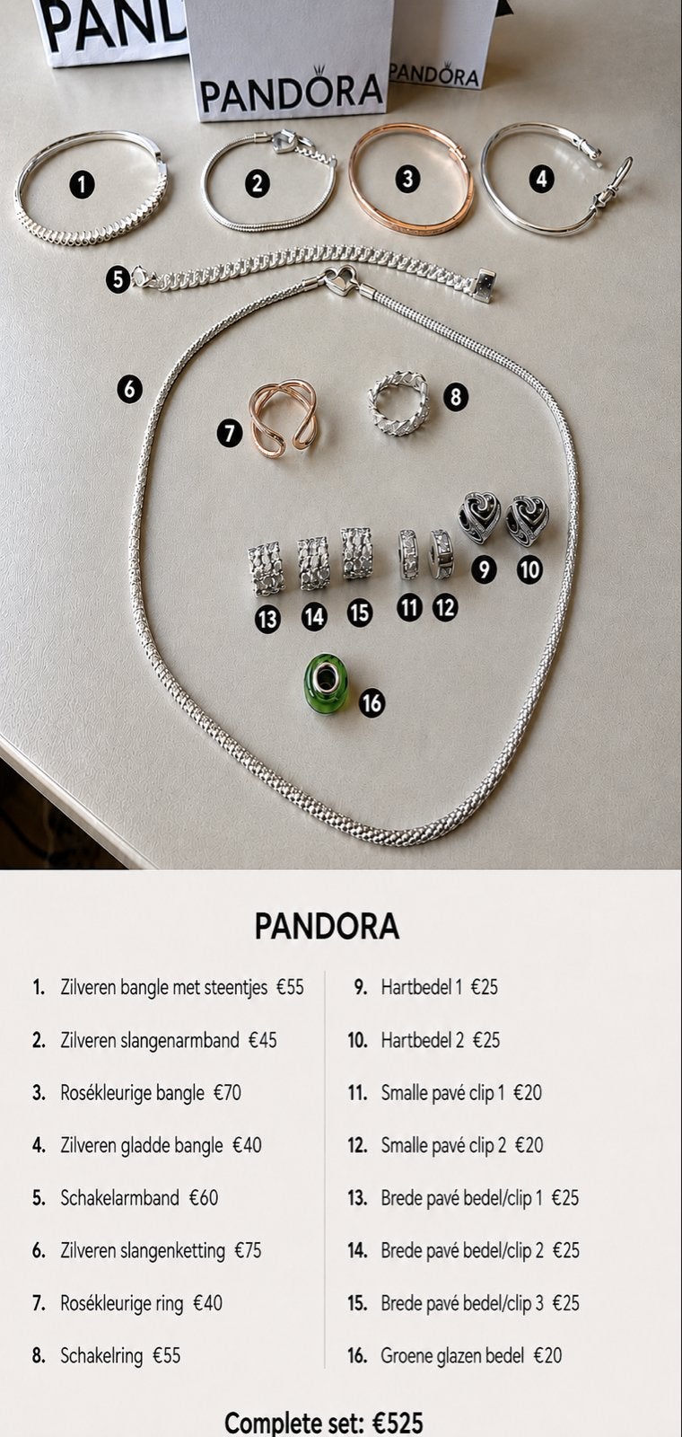Pandora sieraden zo goed als nieuw, Sieraden, Tassen en Uiterlijk, Armbanden, Ophalen, Zo goed als nieuw, Zilver, Met bedels of kralen