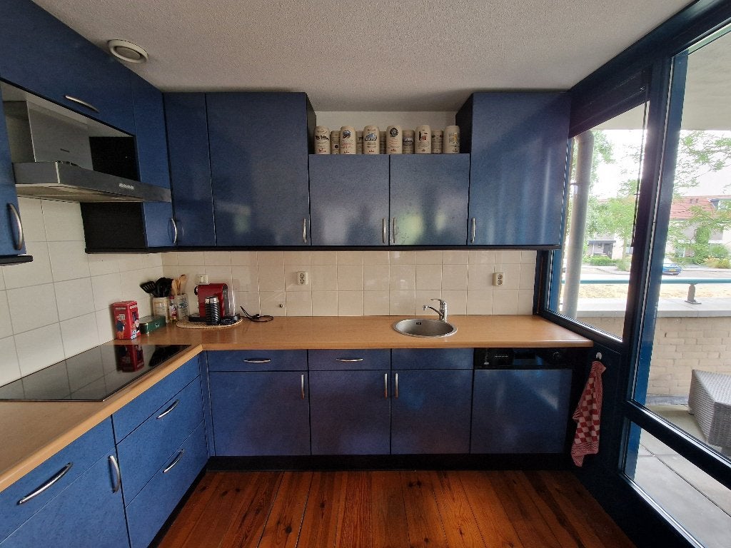 Te koop blauwe keuken + apparatuur, Ophalen, Gebruikt, Blauw, Hoekkeuken