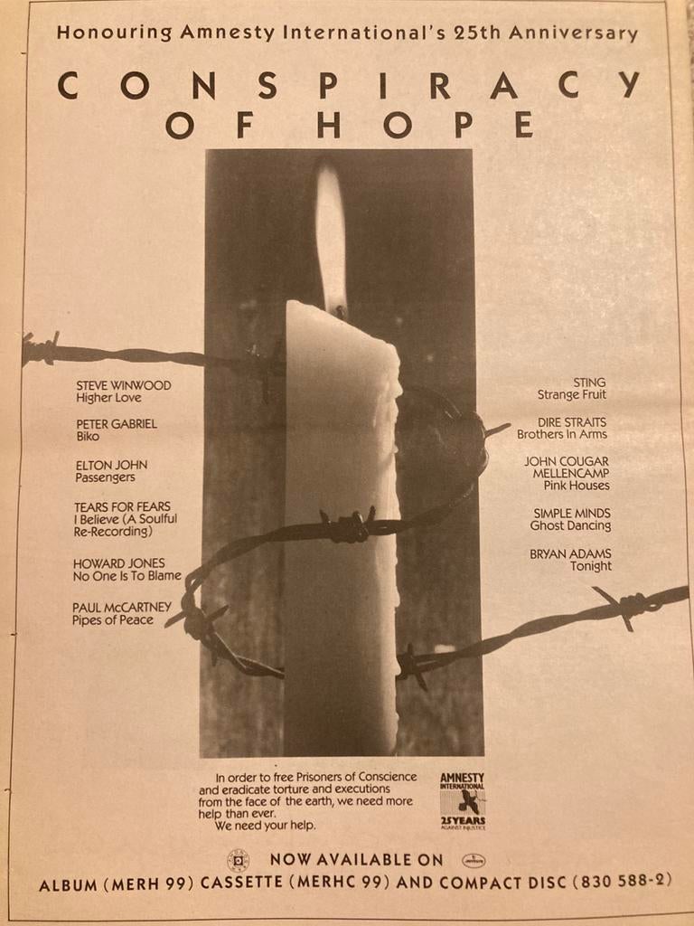 CONSPIRACY OF HOPE Amnesty oa PETER GABRIEL A3 advertentie, Ophalen of Verzenden, Zo goed als nieuw, A1 t/m A3, Film en Tv