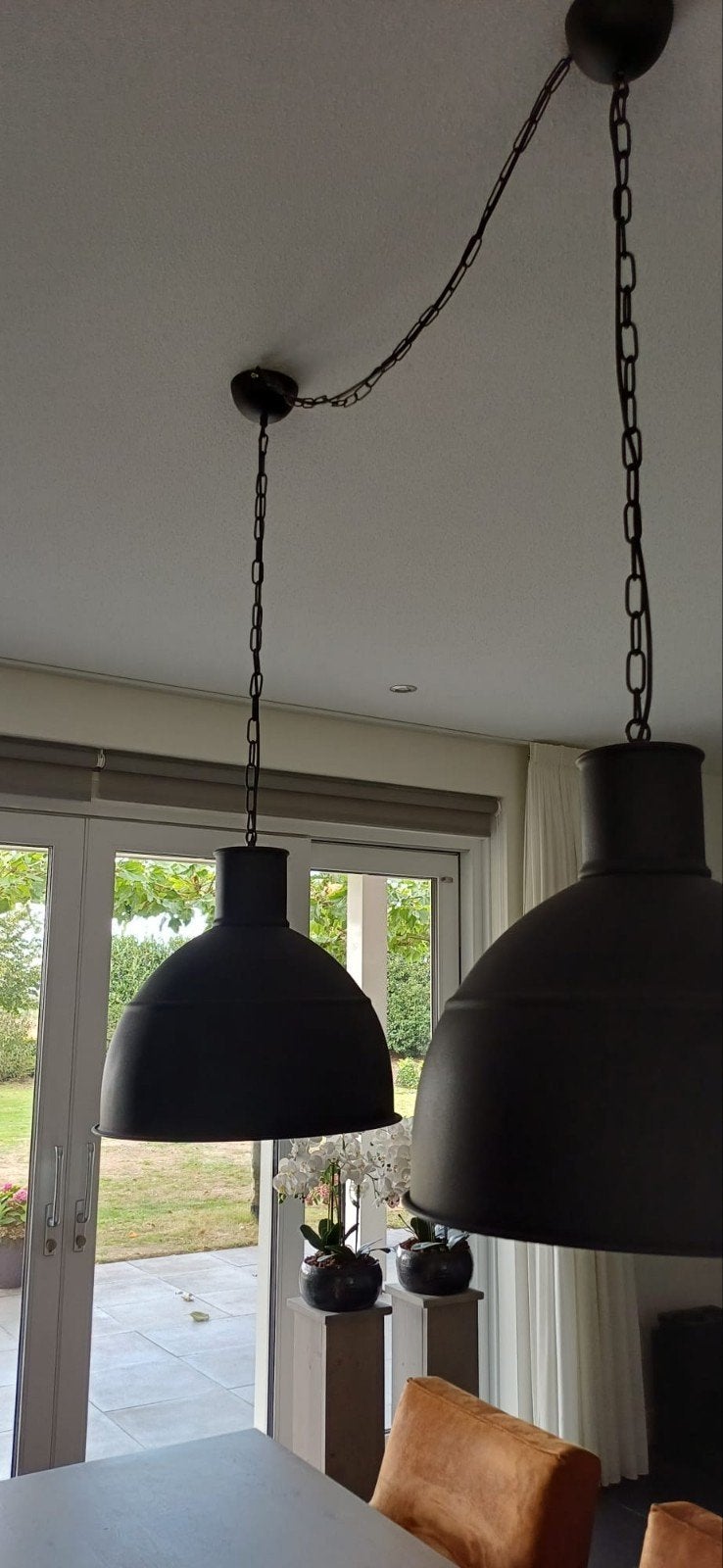 Set van 2 industriële hanglampen, zwart metaal  diameter 48, Ophalen, Zo goed als nieuw, Metaal, Industrieel