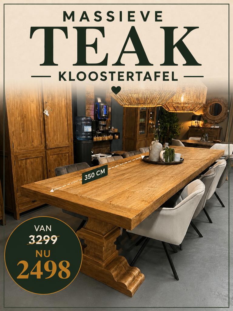 Massieve teakhouten kloostertafel 350 cm NU 2498, Huis en Inrichting, Tafels | Eettafels, Ophalen, 100 tot 150 cm, Teakhout, Rechthoekig