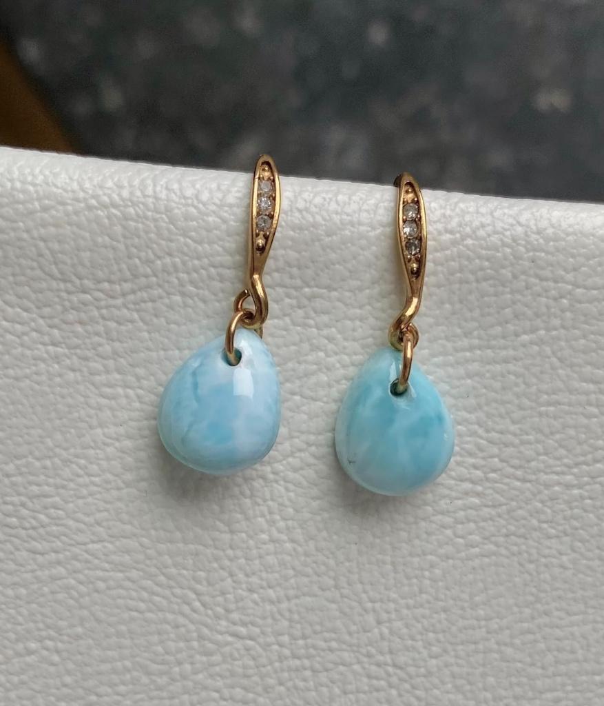 oorbellen natuurljike larimar staal verguld 18k vintagestijl, Overige materialen, Hangers, Blauw, Nieuw
