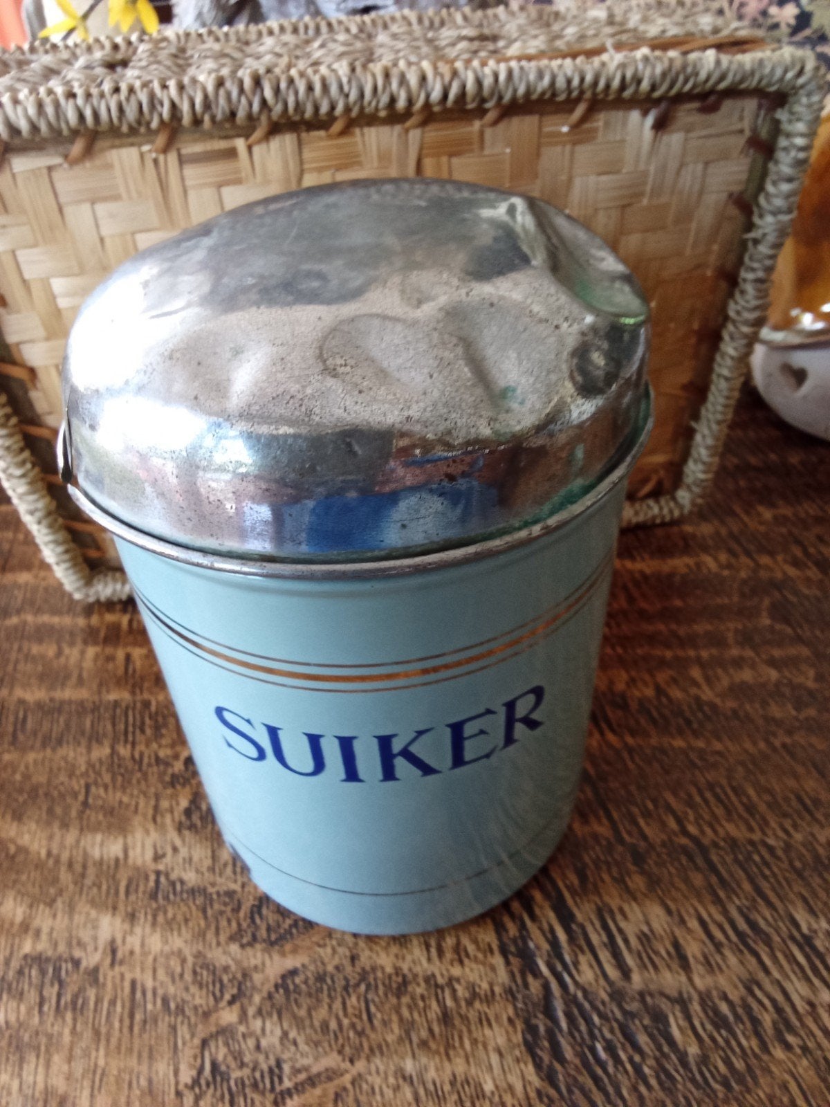 Vintage emaille suikerbus met deksel - Lichtgroene, Ophalen