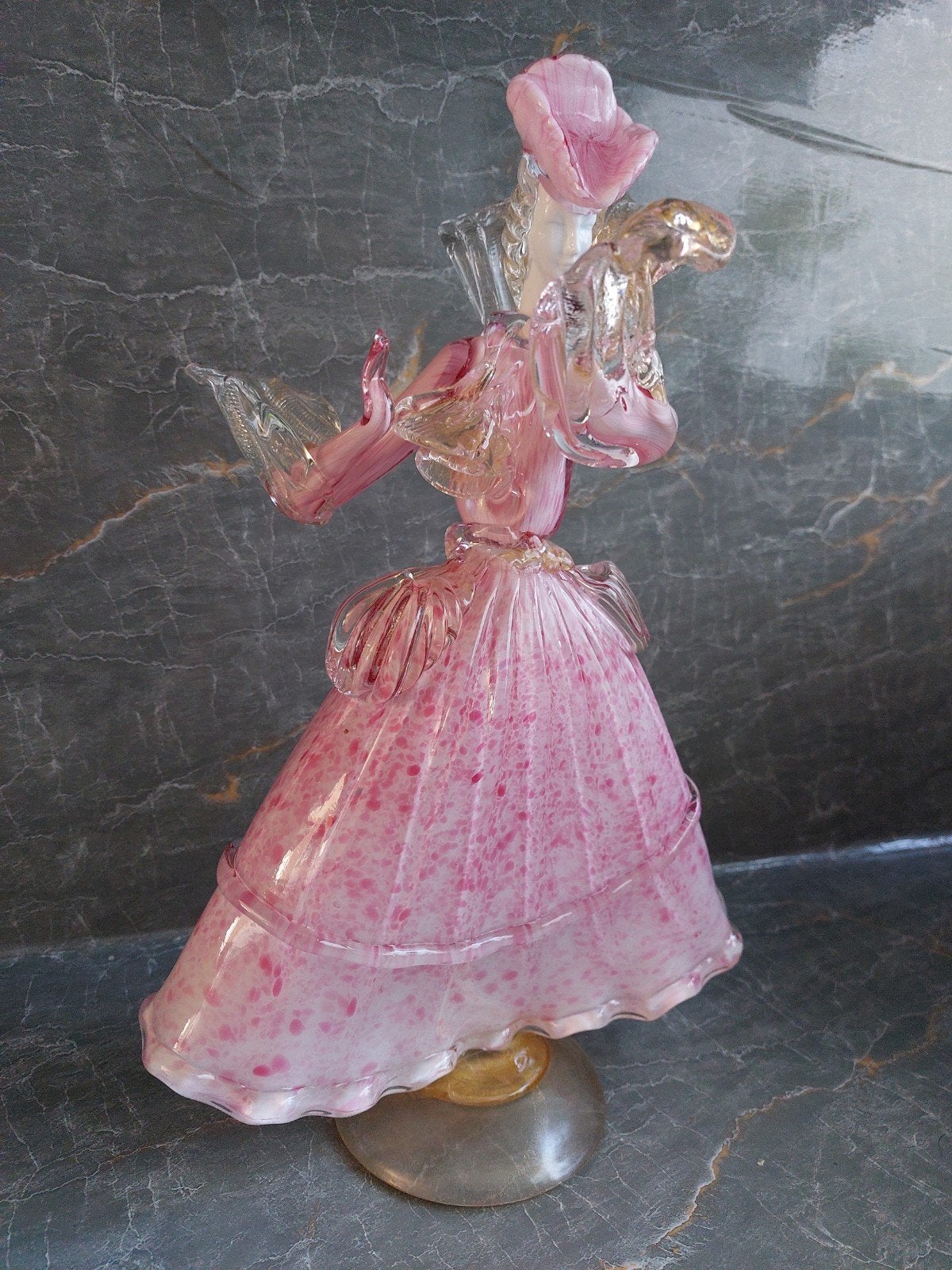 2 stuks Murano Glas Dame Beeldje - Roze met Gouden Accenten, Ophalen of Verzenden