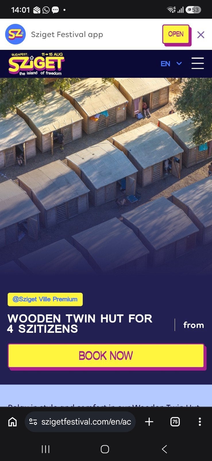 Sziget wooden hut 4 Sitizens ticket incl Camping ticket