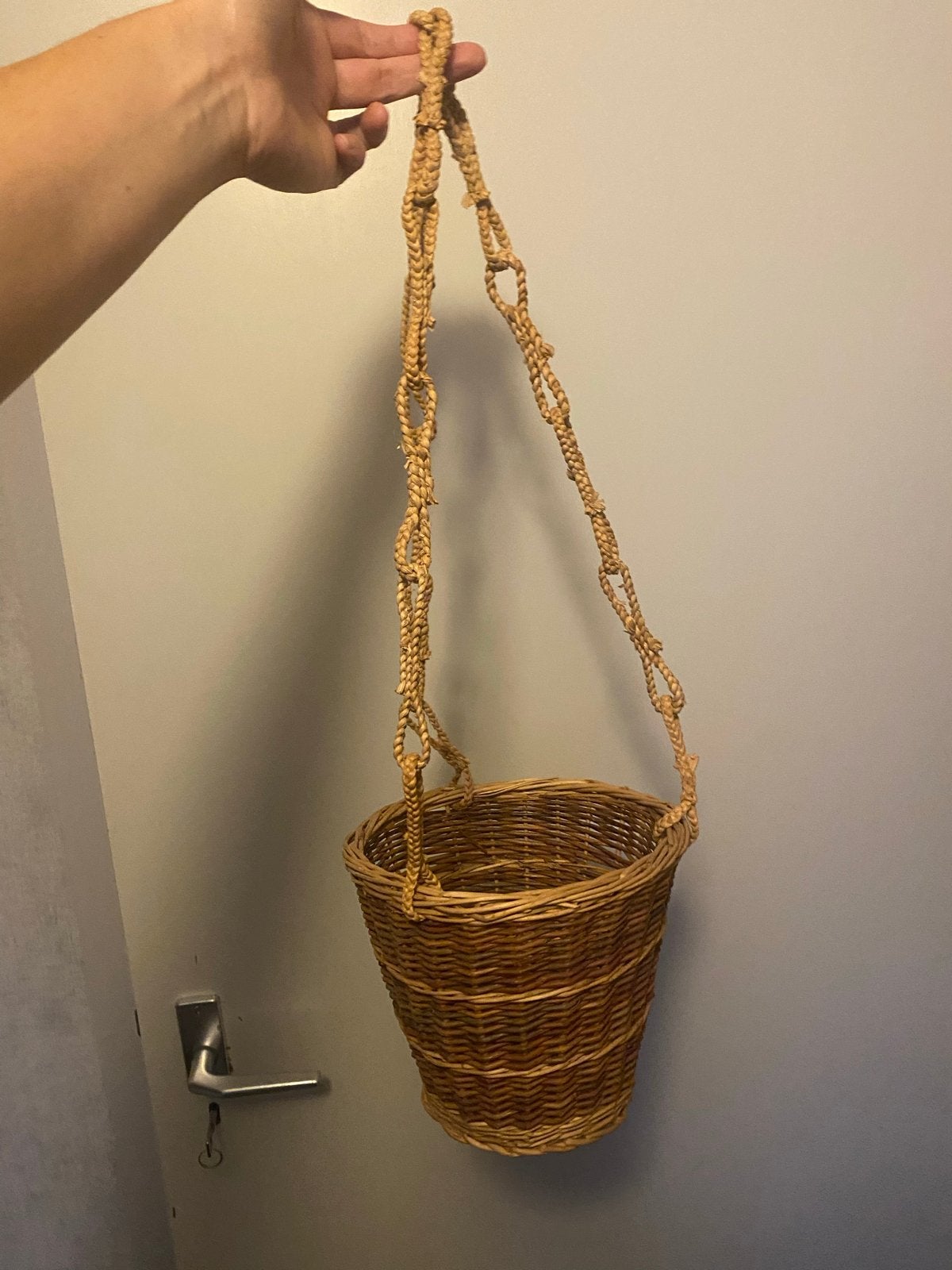 Vintage rotan plantenhanger rieten mand voor planten, Ophalen of Verzenden, Gebruikt, Rond, Minder dan 30 cm